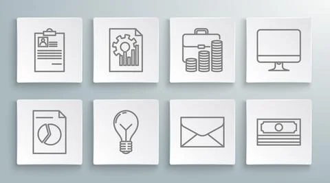 Set line Document with graph chart, Light bulb concept of idea, Envelope, Stacks 스톡 일러스트