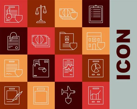 Set line Document with graph chart, Medical hospital building shield, Money Ilustración de archivo