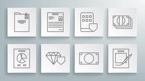Set line Document with graph chart, Personal document, Diamond shield, Stacks Stock Illustration