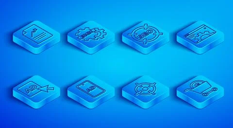 Set line Document with graph chart, Social media marketing, SEO optimization Stock Illustration