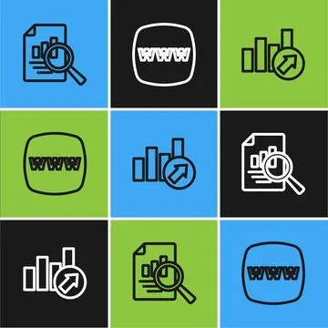 Set line Document with graph chart, Financial growth and Website template icon Illustrazione stock