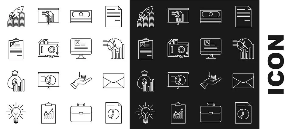 Set line Document with graph chart, Envelope, Pie infographic, Stacks paper Stock Illustration