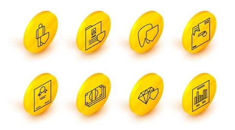 Set line Document with graph chart, Diamond shield, Stacks paper money cash Illustrazione stock