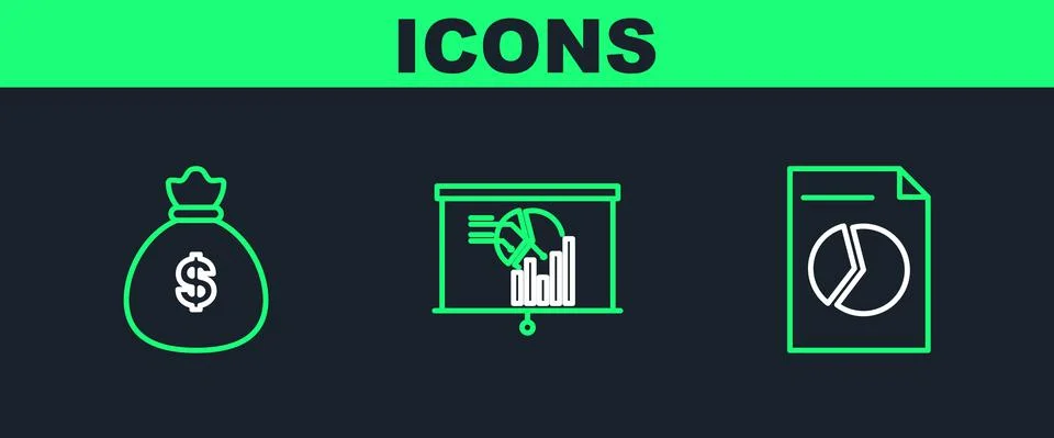 Set line Document with graph chart, Money bag and Board icon. Vector Stock Illustration