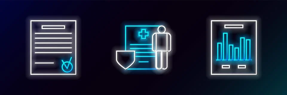 Set line Document with graph chart, Confirmed document and check mark and 스톡 일러스트
