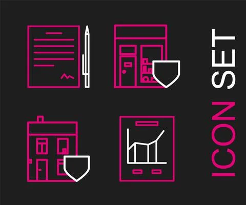 Set line Document with graph chart, House shield, Shopping building and Contract Ilustración de archivo
