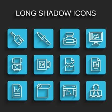 Set line Document with graph chart, Roll of paper, Paint brush, Plotter, Binder Ilustración de archivo