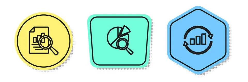 Set line Document with graph chart, Search data analysis and Graph infographic 스톡 일러스트