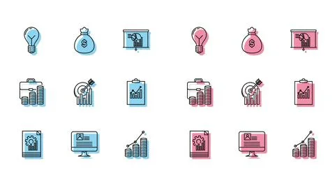 Set line Document with graph chart, Computer monitor resume, Light bulb concept Stock-Illustration