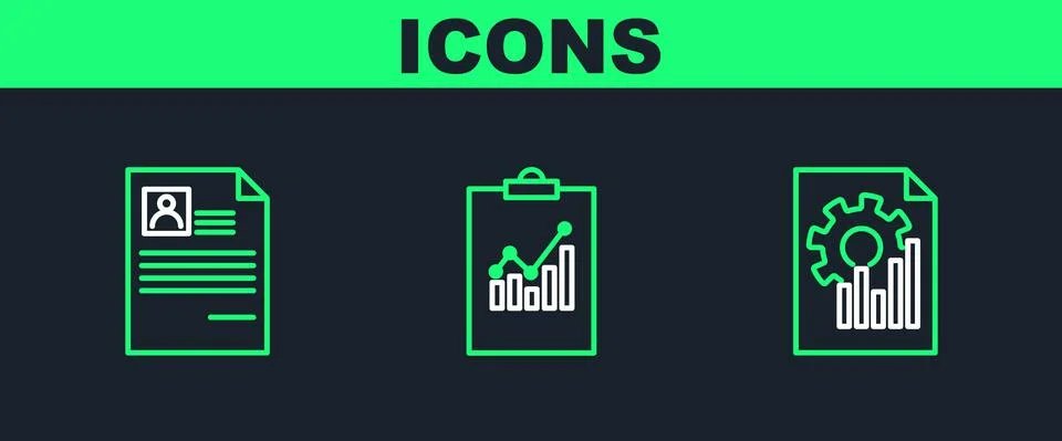 Set line Document with graph chart, Resume and Clipboard icon. Vector Illustrazione stock