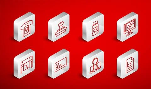 Set line Document with graph chart, Stamp, Printer ink bottle, Computer monitor Stock Illustration