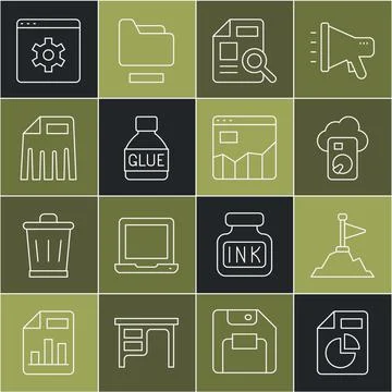 Set line Document with graph chart, Mountains flag on top, Cloud database, Glue Stock Illustration