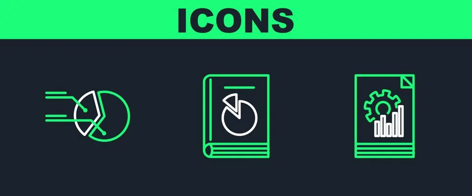 Set line Document with graph chart, Pie infographic and User manual icon. Vector Illustrazione stock