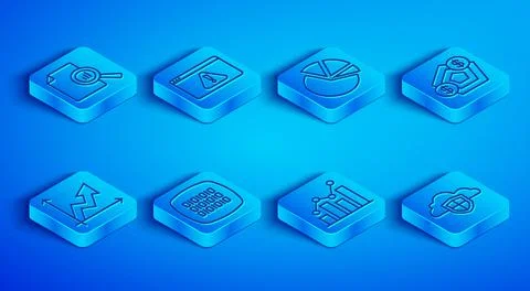 Set line Document with graph chart, Browser exclamation mark, Pie infographic 库存插图