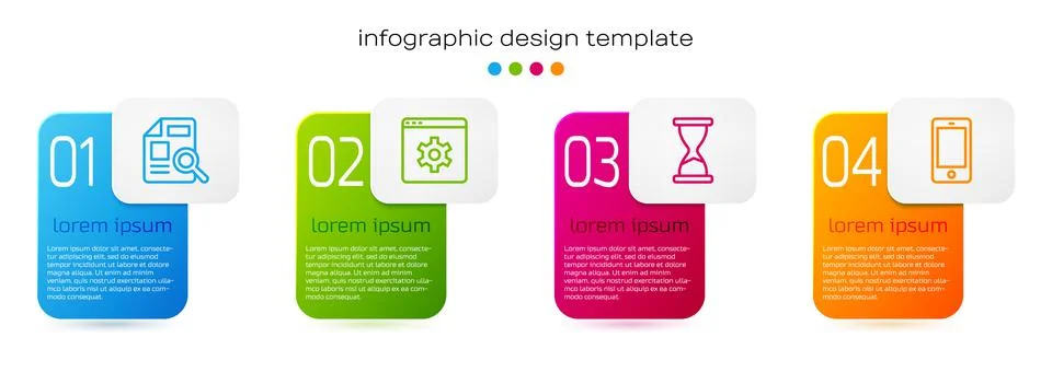 Set line Document with graph chart, Browser setting, Old hourglass and Mobile Stock Illustration