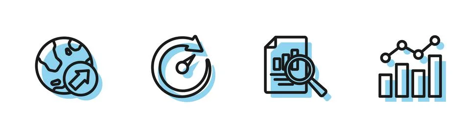 Set line Document with graph chart, Financial growth, Digital speed meter and Illustrazione stock