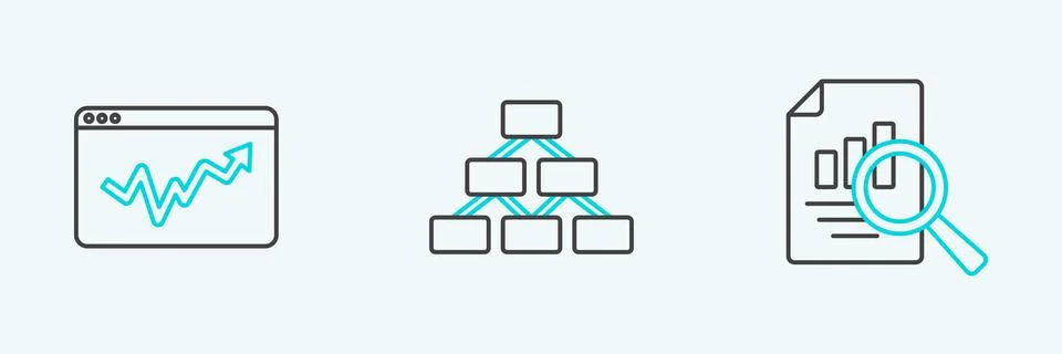 Set line Document with graph chart, Graph infographic and Hierarchy organogra Stock Illustration