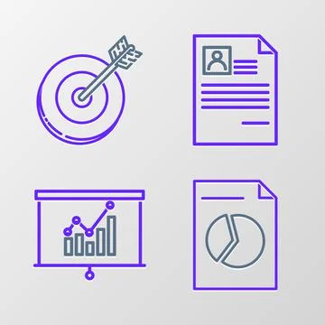 Set line Document with graph chart, Board, Resume and Target icon. Vector Illustrazione stock