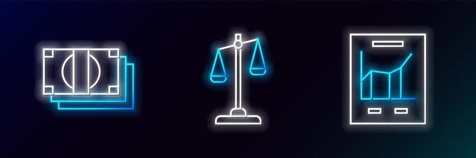 Set line Document with graph chart, Stacks paper money cash and Scales of jus 스톡 일러스트