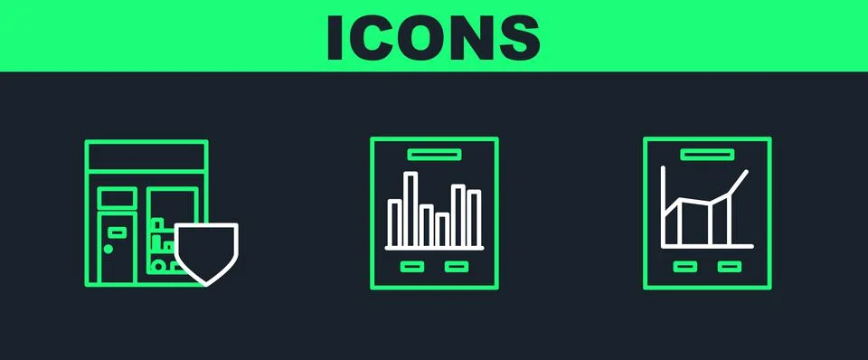 Set line Document with graph chart, Shopping building shield and  icon. Vecto Ilustración de archivo
