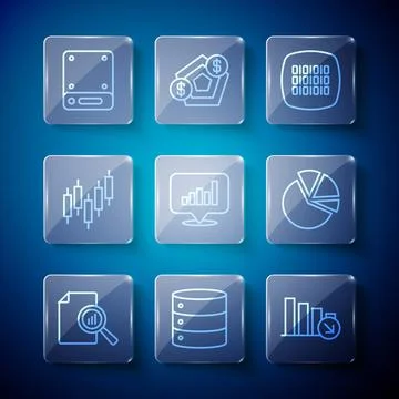 Set line Document with graph chart, Server, Financial growth decrease, Binary Stockillustratie