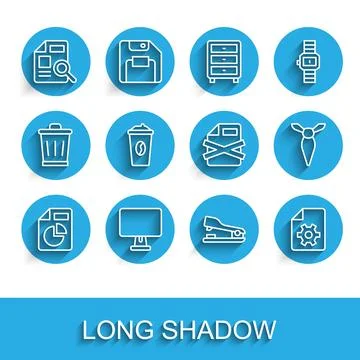Set line Document with graph chart, Computer monitor, Stapler, settings, Coffee Illustrazione stock