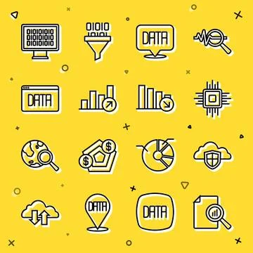 Set line Document with graph chart, Cloud and shield, Processor CPU, Data Stockillustratie