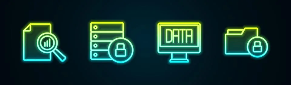 Set line Document with graph chart, Server security padlock, Data analysis and Stock Illustration