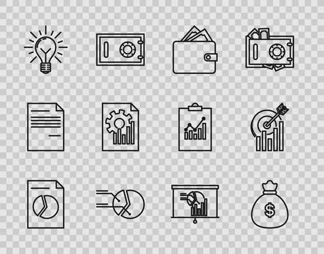 Set line Document with graph chart, Money bag, Wallet stacks paper money cash 스톡 일러스트