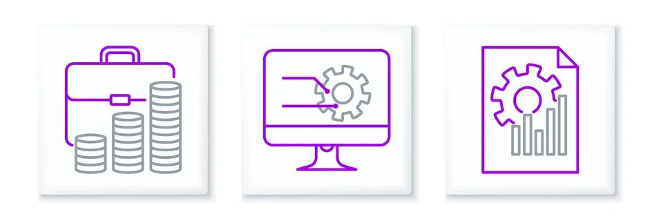 Set line Document with graph chart, Briefcase and coin and Computer monitor icon Stock Illustration