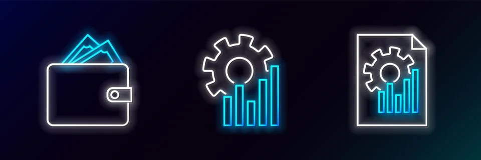 Set line Document with graph chart, Wallet stacks paper money cash and Pie 库存插图
