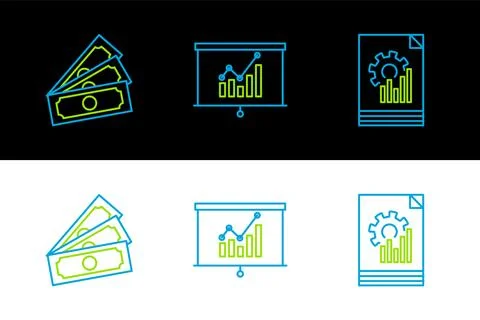Set line Document with graph chart, Stacks paper money cash and Board icon Stock Illustration