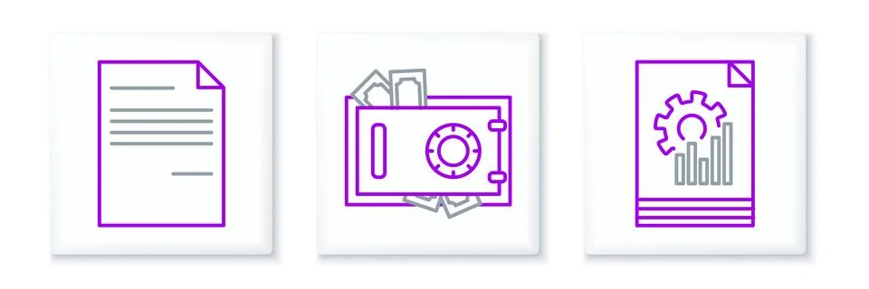 Set line Document with graph chart, and Safe and money icon. Vector Illustrazione stock