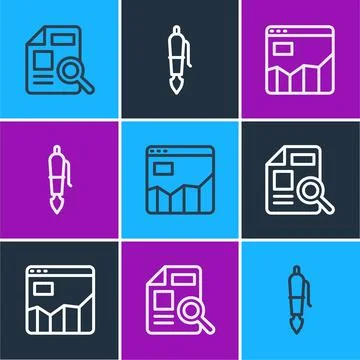 Set line Document with graph chart, Graph infographic and Fountain pen nib icon Illustrazione stock