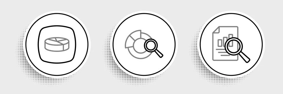 Set line Document with graph chart, Pie infographic and Search data analysis Illustrazione stock