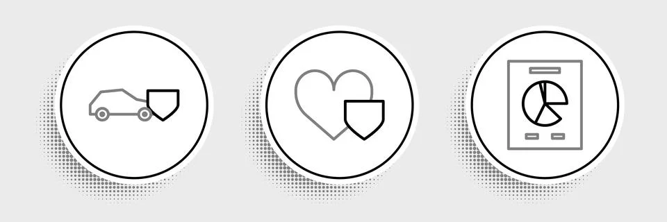 Set line Document with graph chart, Car shield and Heart icon. Vector Stock Illustration