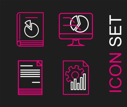 Set line Document with graph chart, Computer monitor and User manual icon. .. Illustrazione stock