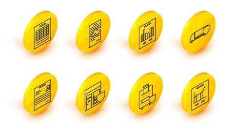 Set line Document with graph chart Traveling baggage insurance Shopping build Stock Illustration
