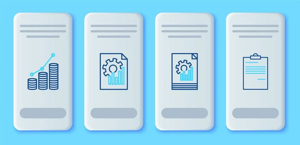 Set line Document with graph chart, Pie infographic and coin and icon. Vector Illustrazione stock