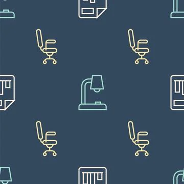 Set line Document with graph chart, Office chair and Table lamp on seamless.. Illustrazione stock