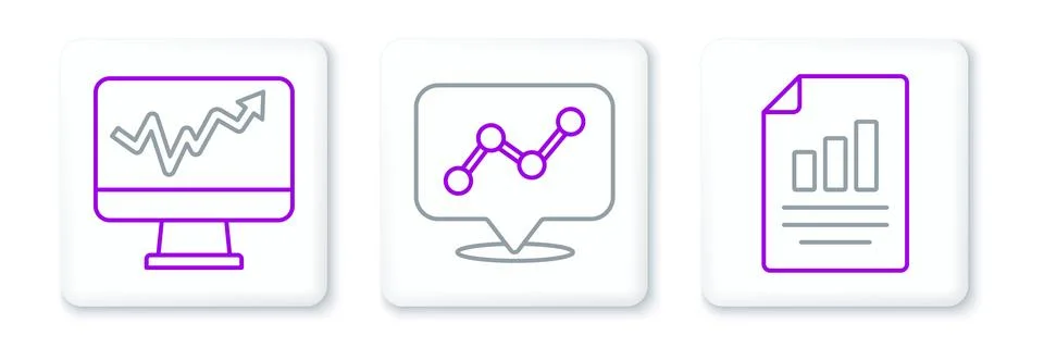 Set line Document with graph chart, Monitor and Graph infographic icon. Vecto Stock Illustration
