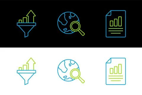 Set line Document with graph chart, Sales funnel and Search globe icon. Vecto Stockillustratie