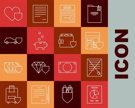 Set line Document with graph chart, Delete file document, Shopping building.. Ilustración de archivo