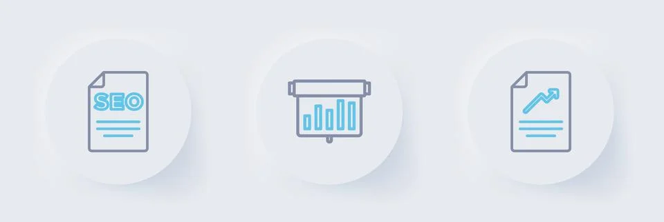 Set line Document with graph chart, Board and SEO optimization icon. Vector Illustrazione stock