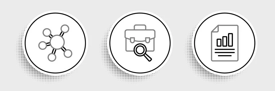 Set line Document with graph chart, Project team base and Work search icon... Illustrazione stock