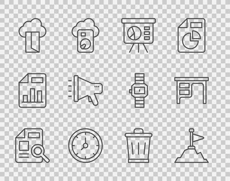 Set line Document with graph chart, Mountains flag on top, Board, Clock, Cl.. Illustrazione stock