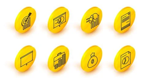 Set line Document with graph chart, Money bag, Briefcase and coin, Chalkboa.. Stock Illustration