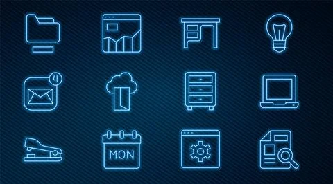 Set line Document with graph chart, Laptop, Office desk, Cloud database, En.. Illustrazione stock