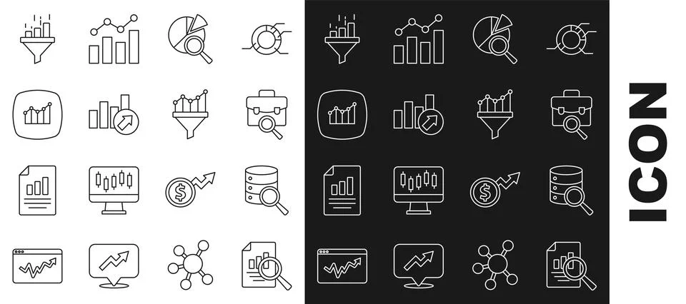 Set line Document with graph chart, Server, Work search, Search data analys.. Illustrazione stock