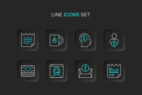 Set line Document with graph chart, Envelope, Telephone 24 hours support, S.. Illustrazione stock